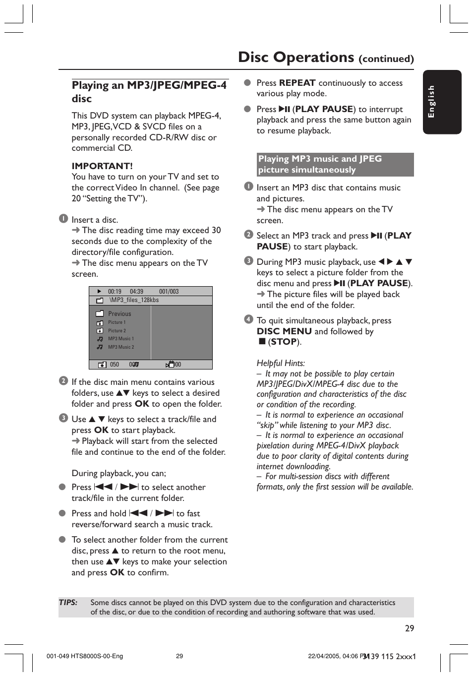 Disc operations, Playing an mp3/jpeg/mpeg-4 disc | Philips HTS8000S User Manual | Page 29 / 49