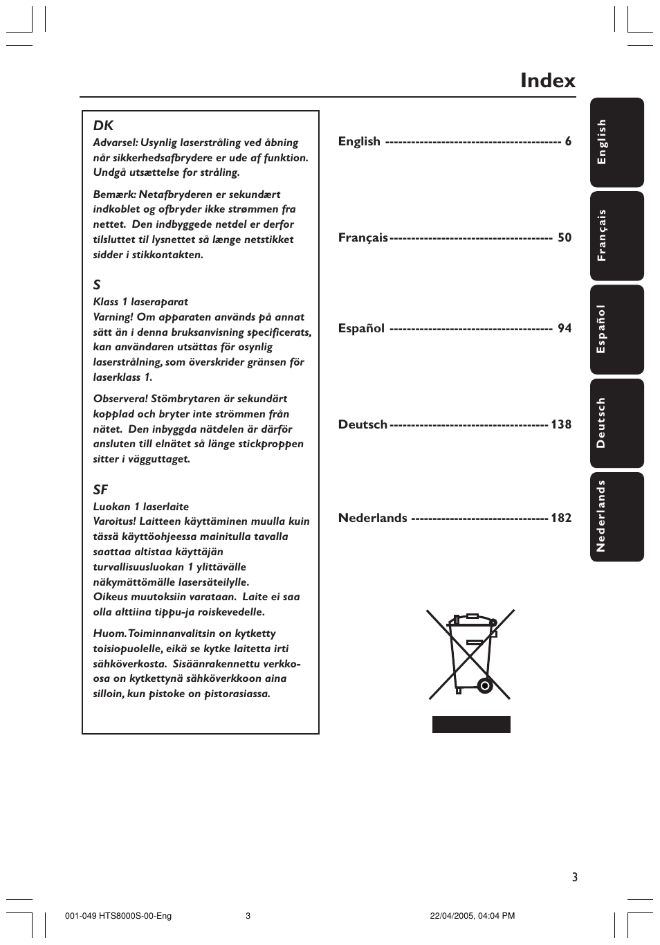 Index | Philips HTS8000S User Manual | Page 3 / 49