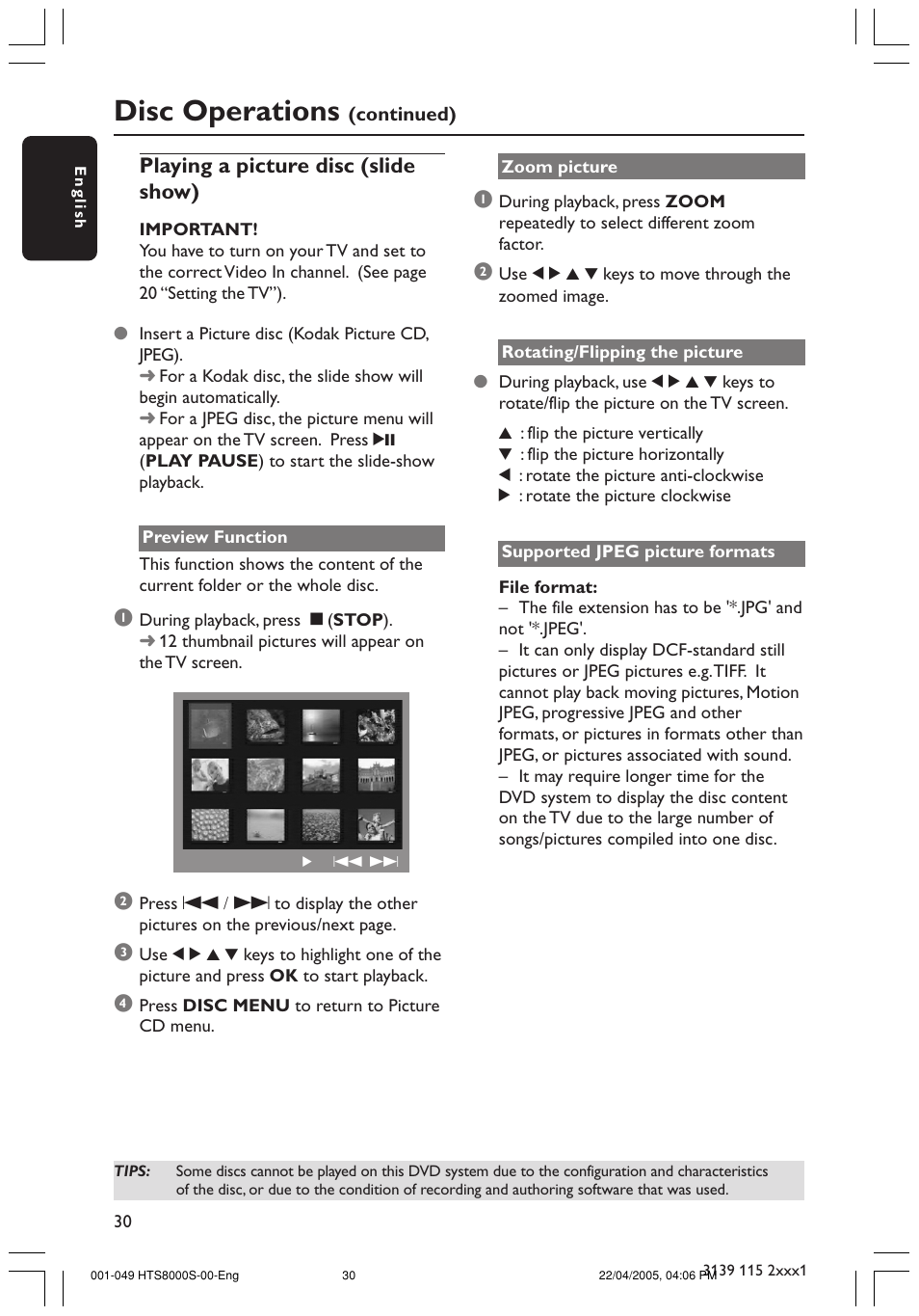 Disc operations, Playing a picture disc (slide show) | Philips HTS8000S User Manual | Page 30 / 49