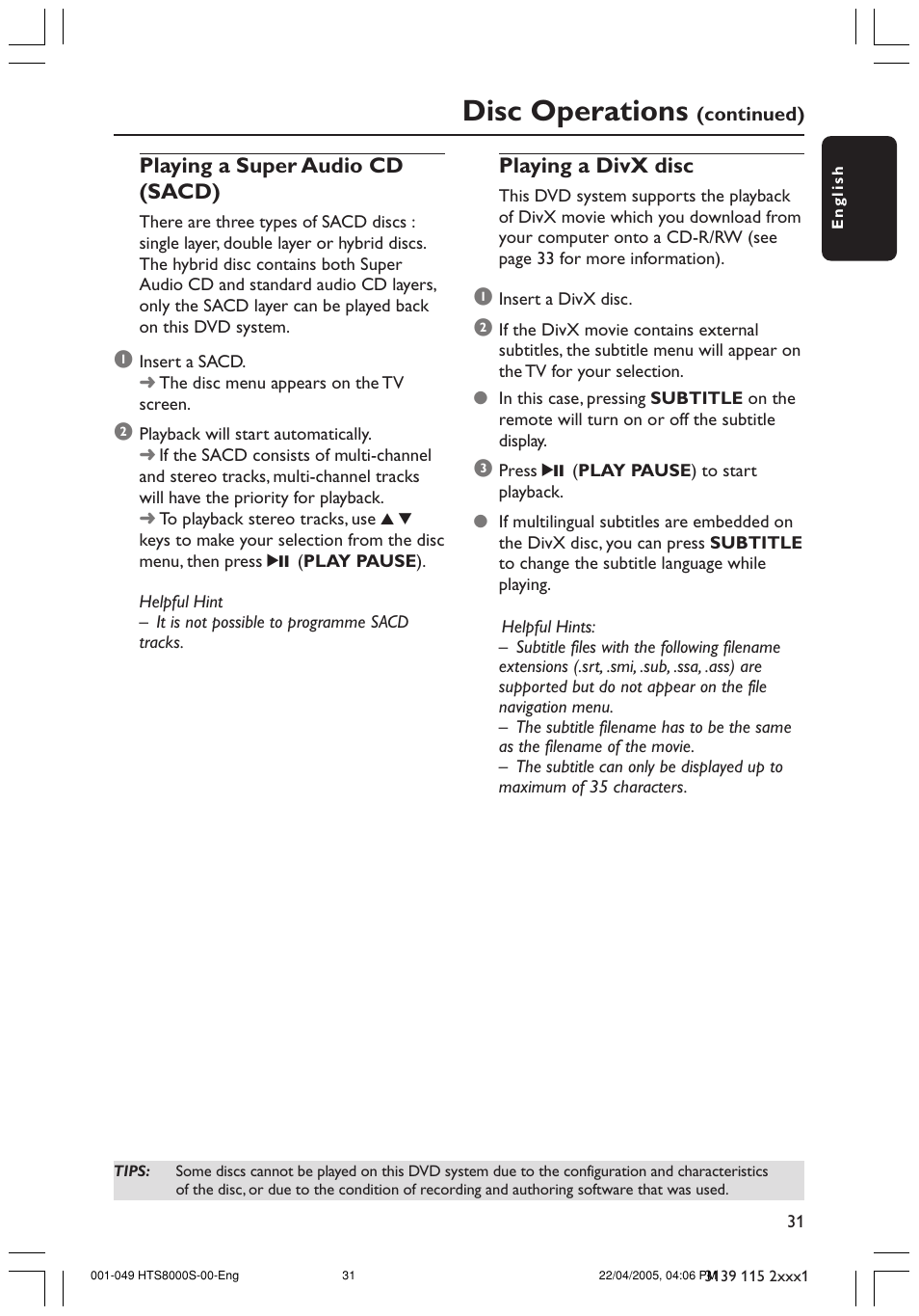 Disc operations, Playing a super audio cd (sacd), Playing a divx disc | Philips HTS8000S User Manual | Page 31 / 49