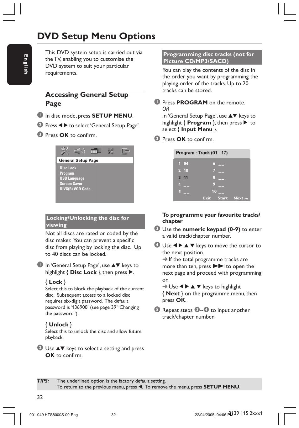 Dvd setup menu options, Accessing general setup page 1 | Philips HTS8000S User Manual | Page 32 / 49