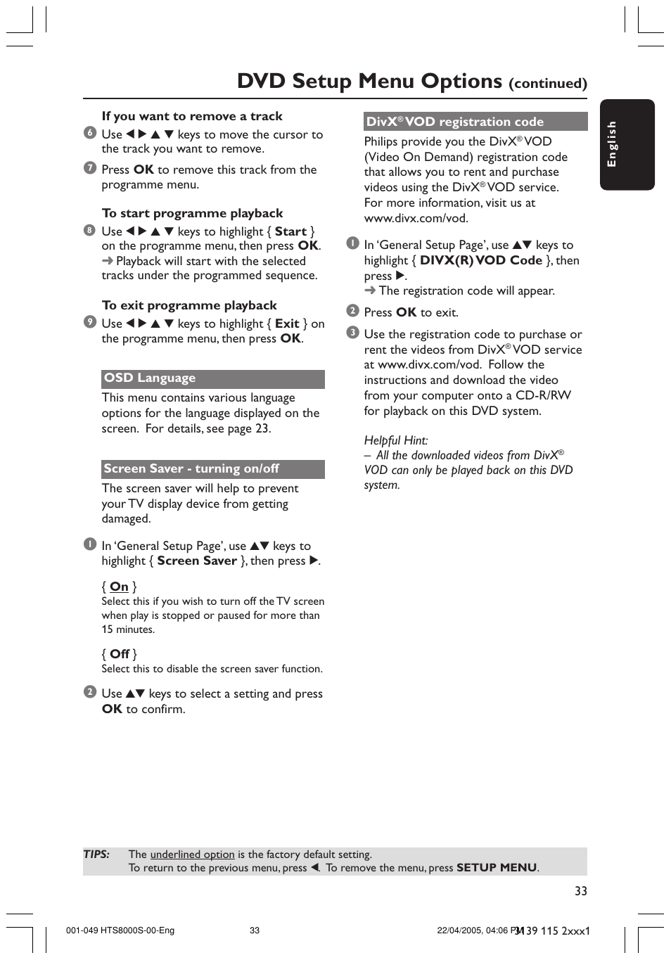 Dvd setup menu options | Philips HTS8000S User Manual | Page 33 / 49