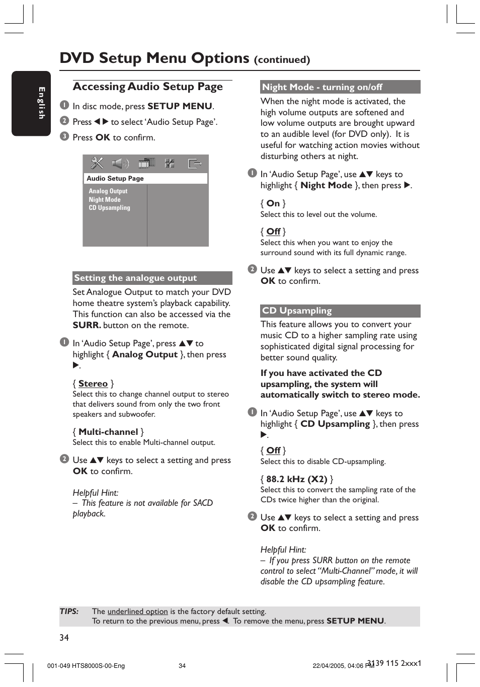 Dvd setup menu options, Accessing audio setup page 1 | Philips HTS8000S User Manual | Page 34 / 49