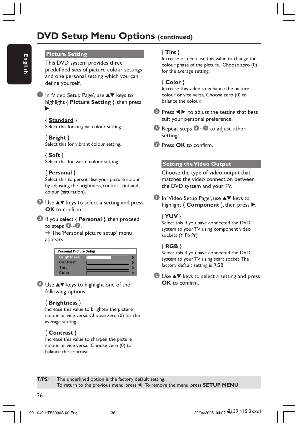 Dvd setup menu options | Philips HTS8000S User Manual | Page 36 / 49