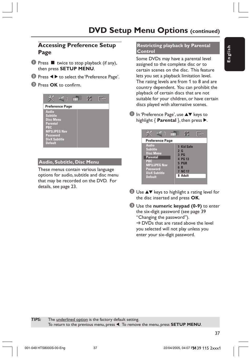 Dvd setup menu options, Accessing preference setup page 1 | Philips HTS8000S User Manual | Page 37 / 49