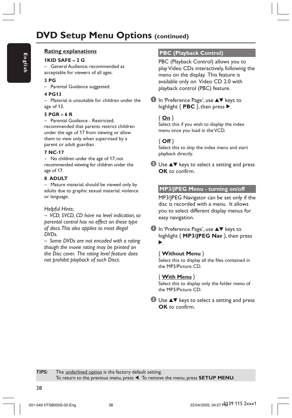 Dvd setup menu options | Philips HTS8000S User Manual | Page 38 / 49