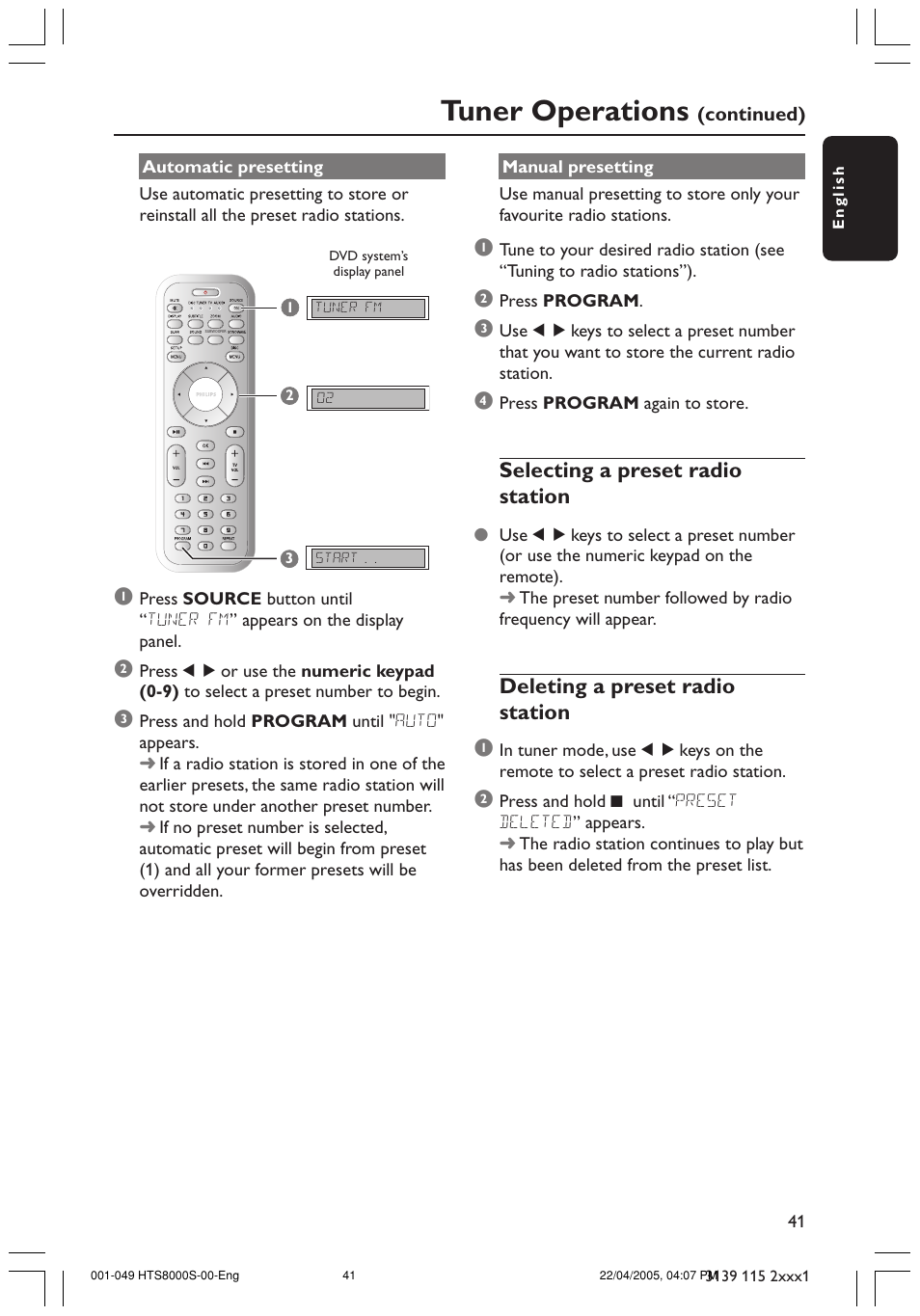 Tuner operations, Selecting a preset radio station, Deleting a preset radio station 1 | Philips HTS8000S User Manual | Page 41 / 49