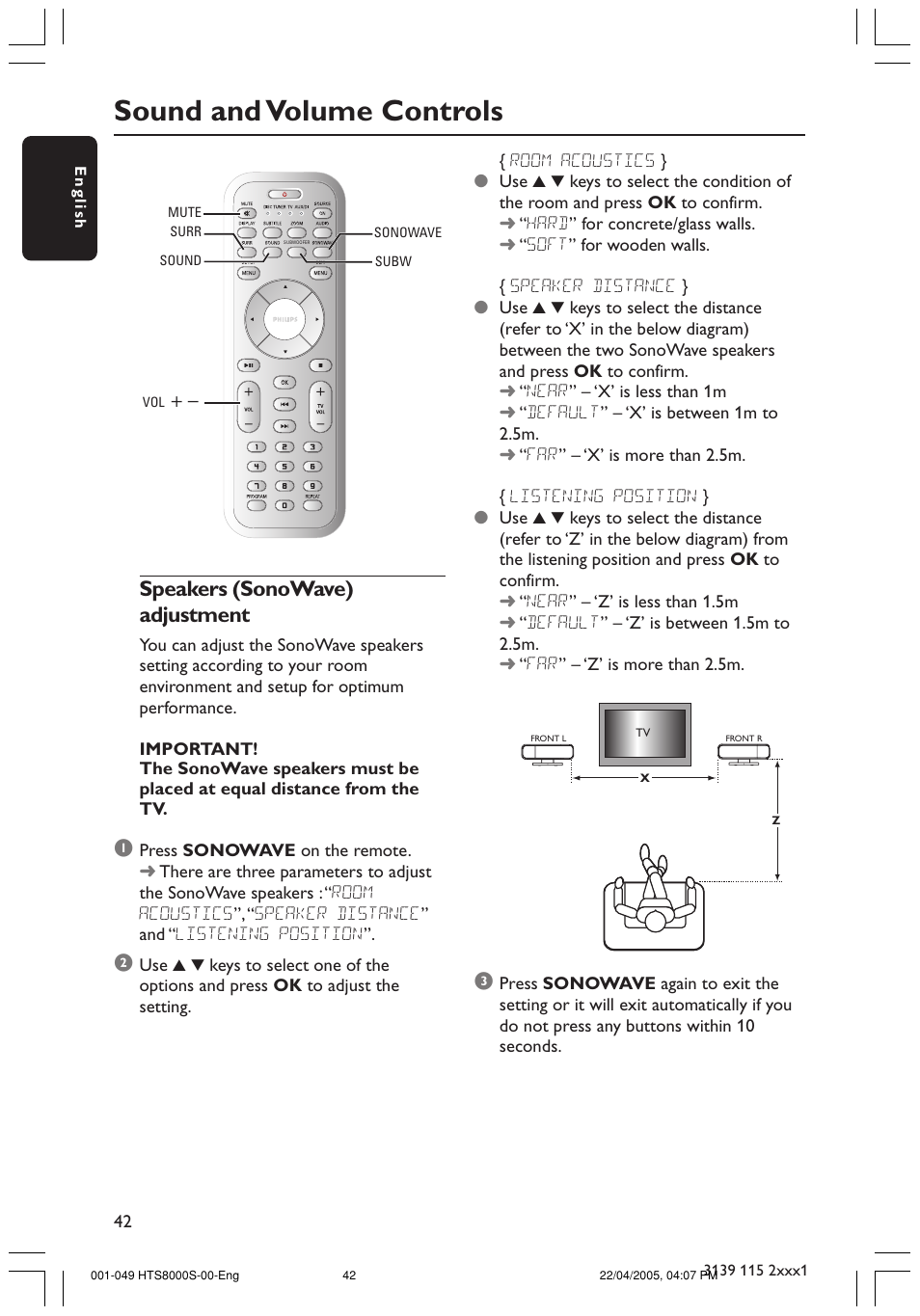 Sound and volume controls, Speakers (sonowave) adjustment | Philips HTS8000S User Manual | Page 42 / 49