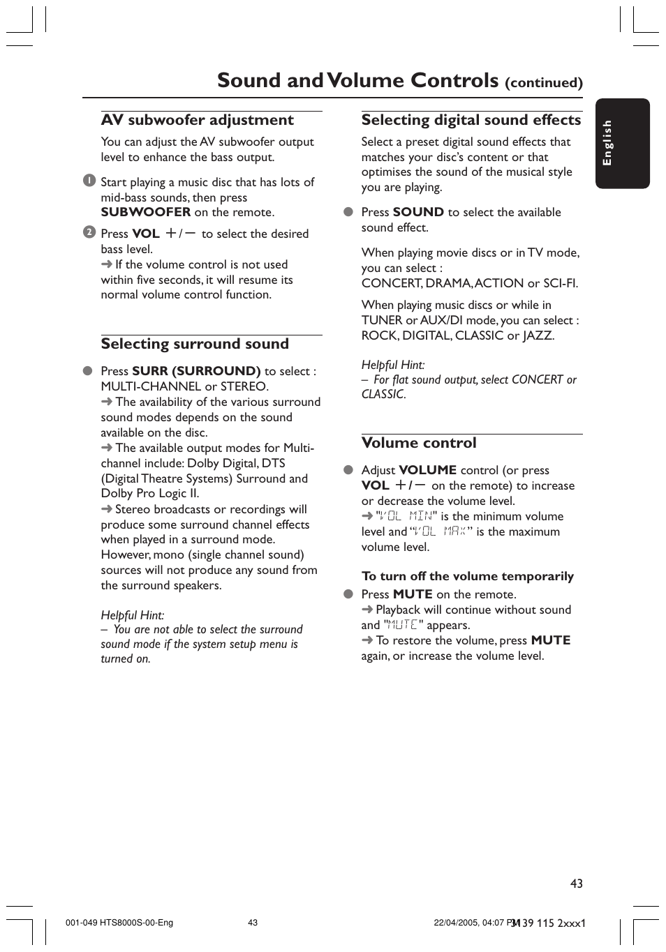 Sound and volume controls, Av subwoofer adjustment, Selecting surround sound | Selecting digital sound effects, Volume control | Philips HTS8000S User Manual | Page 43 / 49