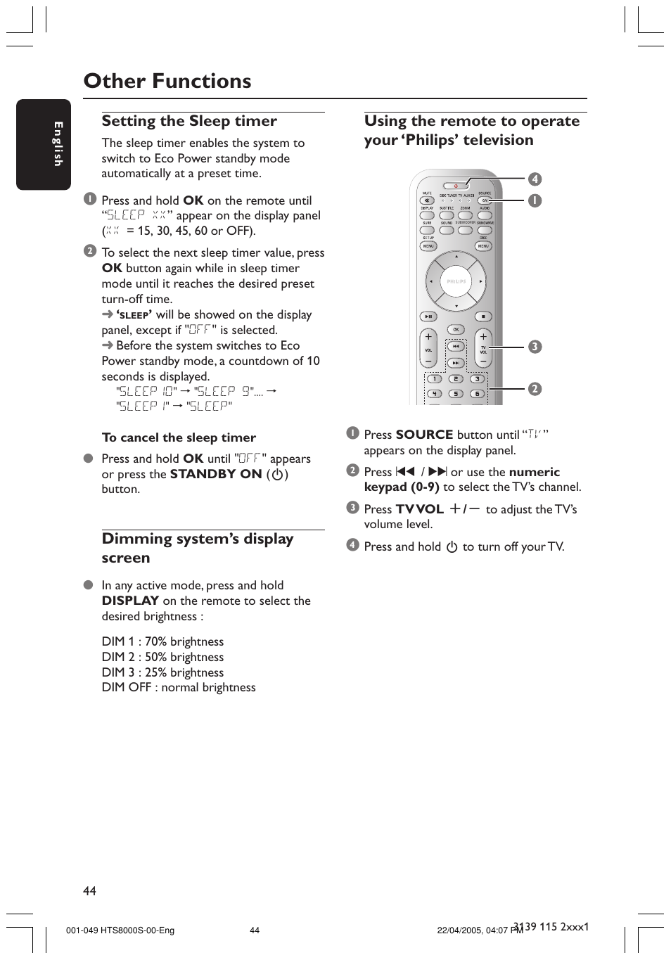 Other functions, Setting the sleep timer, Dimming system’s display screen | Philips HTS8000S User Manual | Page 44 / 49