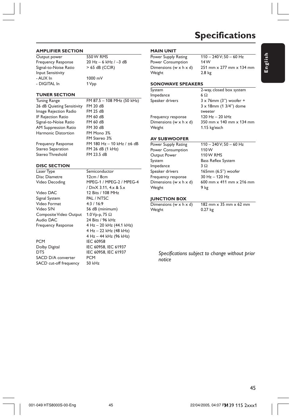 Specifications | Philips HTS8000S User Manual | Page 45 / 49