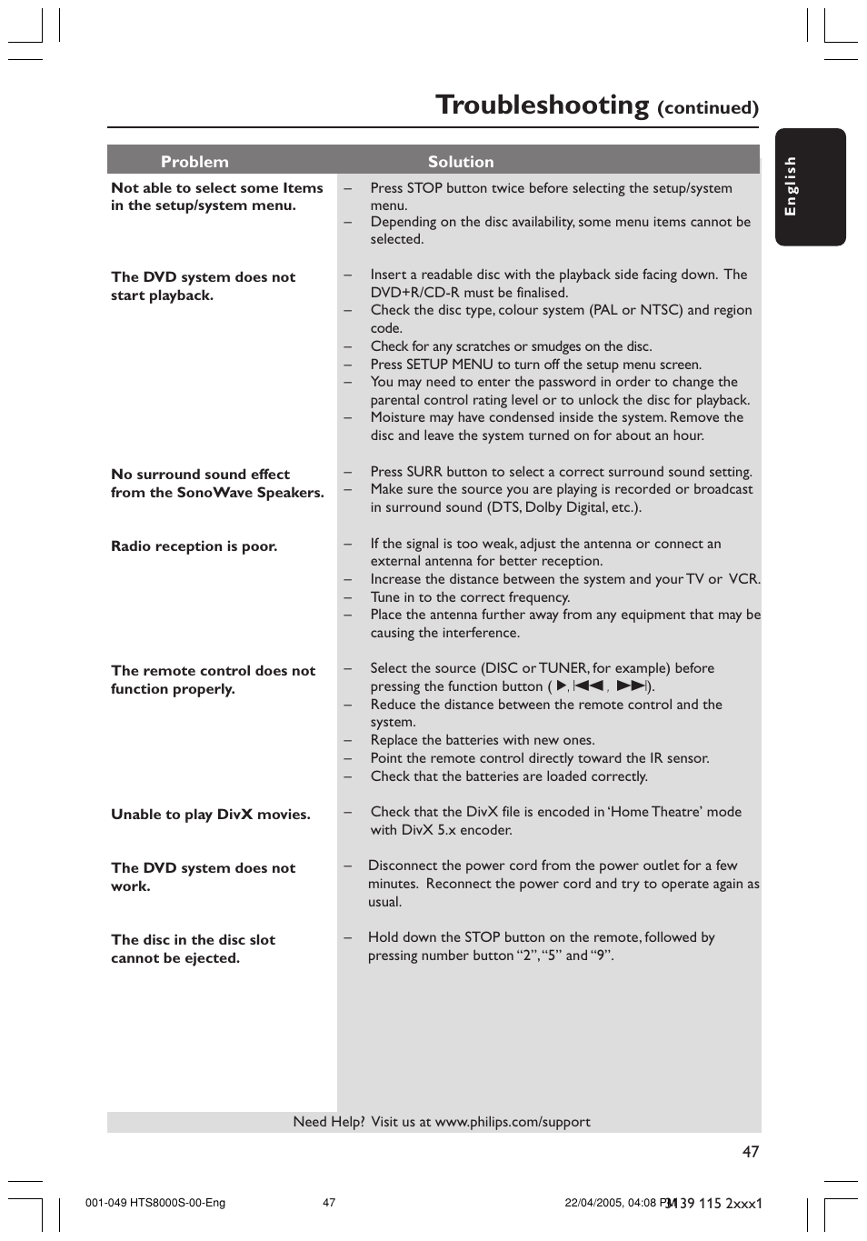 Troubleshooting, Continued) | Philips HTS8000S User Manual | Page 47 / 49