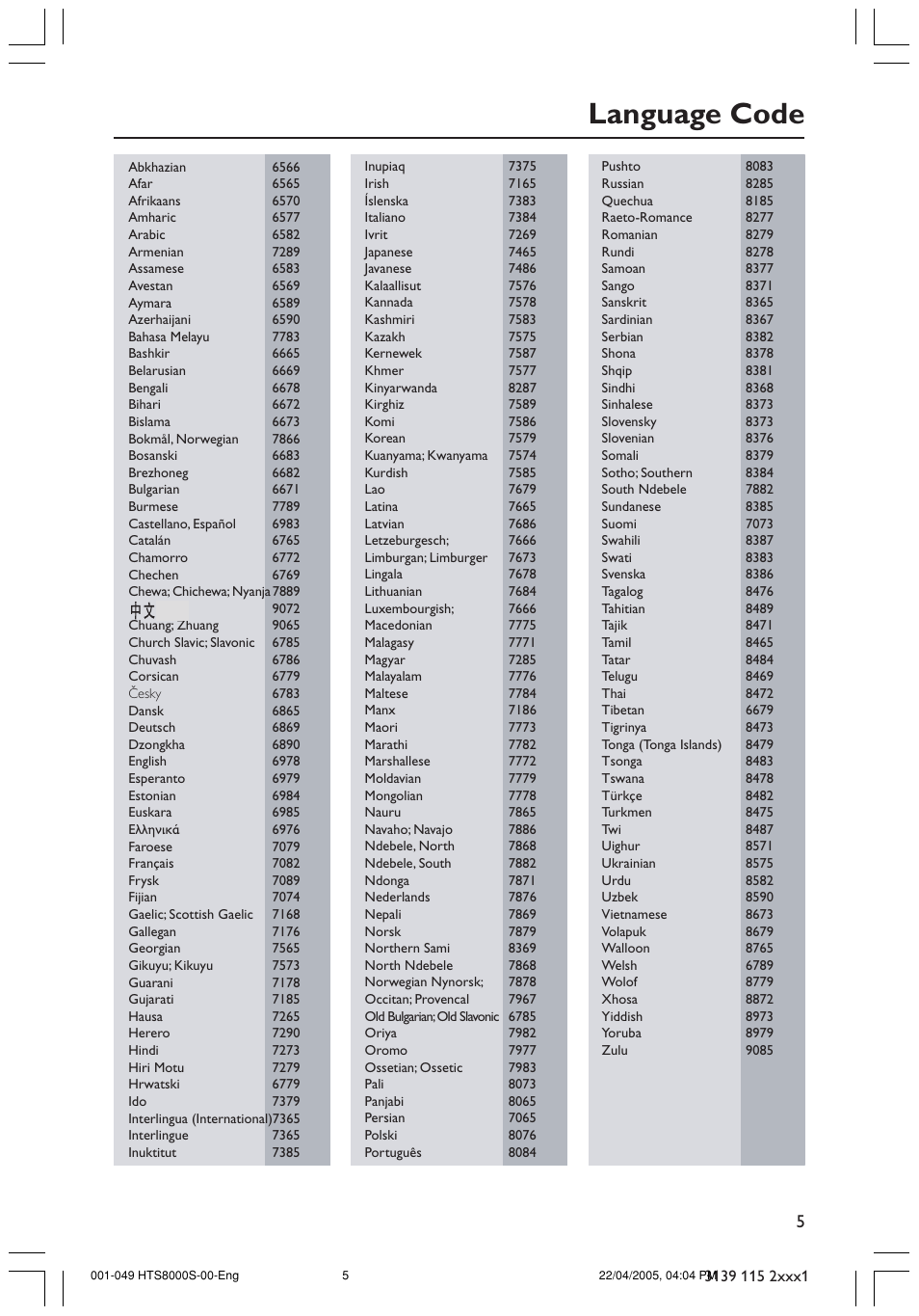 Language code | Philips HTS8000S User Manual | Page 5 / 49