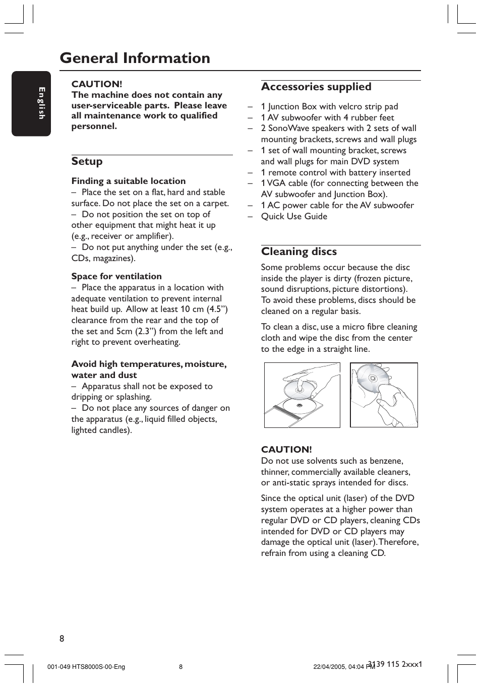 General information, Setup, Accessories supplied | Cleaning discs | Philips HTS8000S User Manual | Page 8 / 49