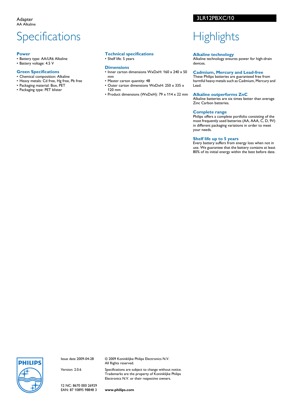 Specifications, Highlights | Philips 3LR12PBXC User Manual | Page 2 / 2