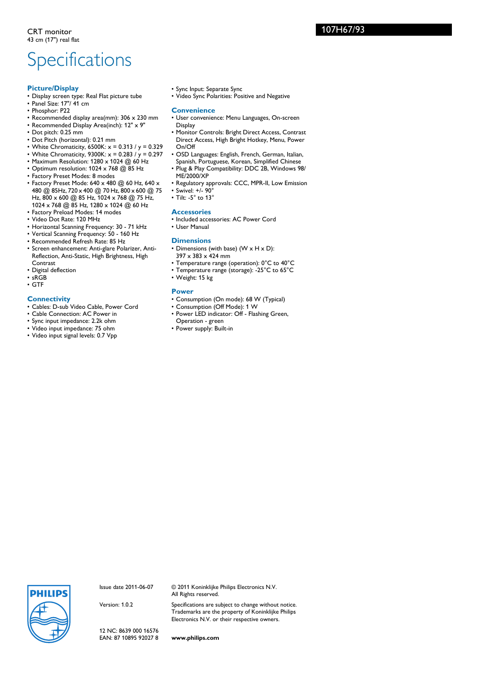 Specifications | Philips 107H67 User Manual | Page 3 / 3