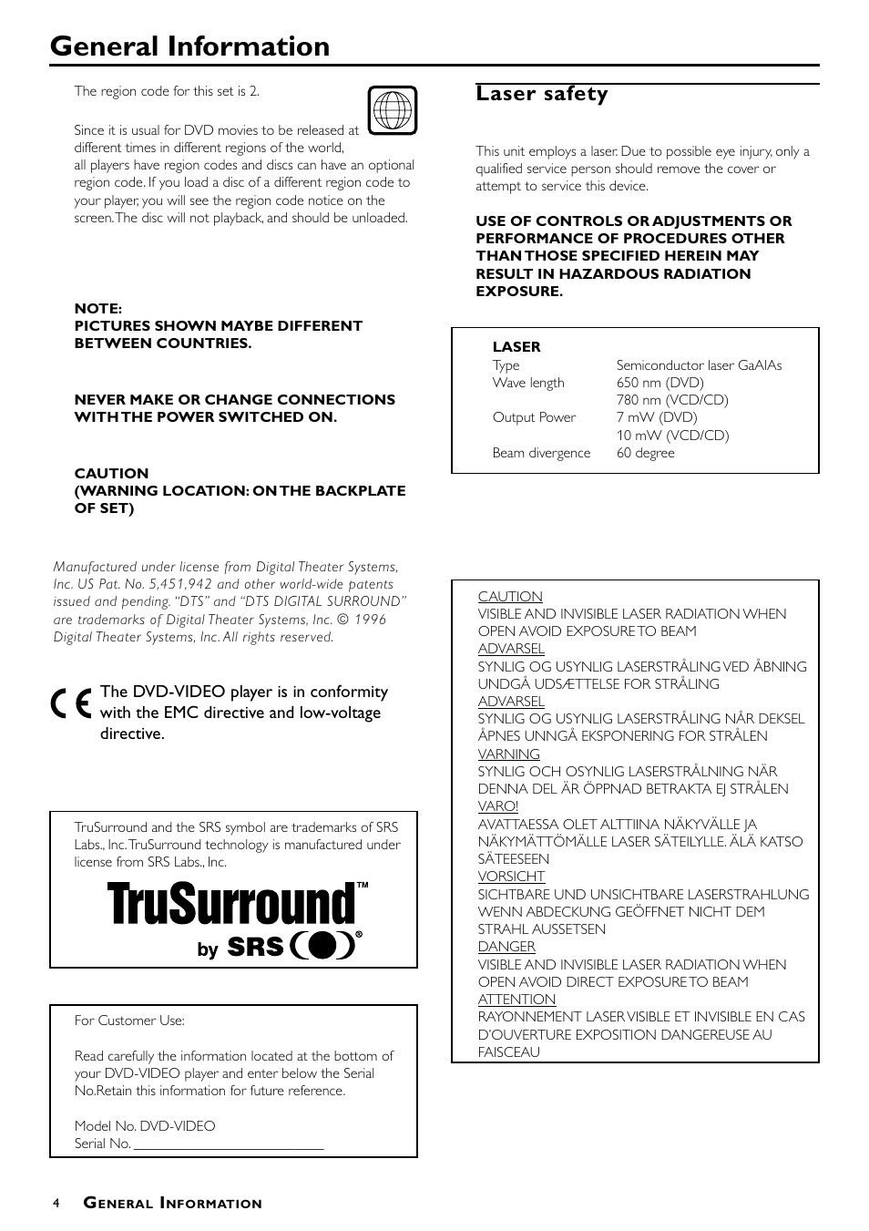 General information, 2laser safety | Philips DVD951 User Manual | Page 4 / 24
