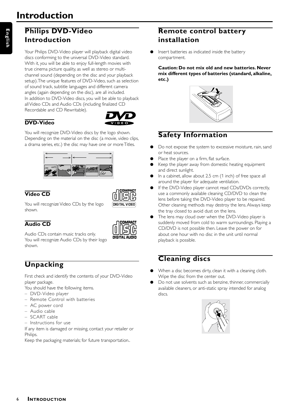 Introduction, Philips dvd-video introduction, Unpacking | Remote control battery installation, Safety information, Cleaning discs | Philips DVD951 User Manual | Page 6 / 24