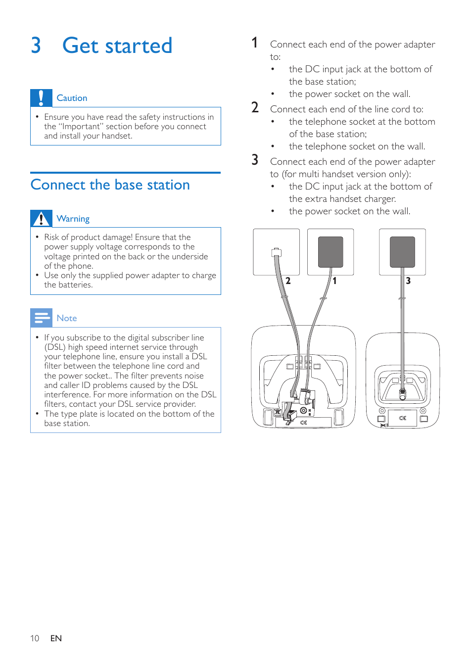 3 get started, Connect the base station | Philips CD285 User Manual | Page 10 / 40