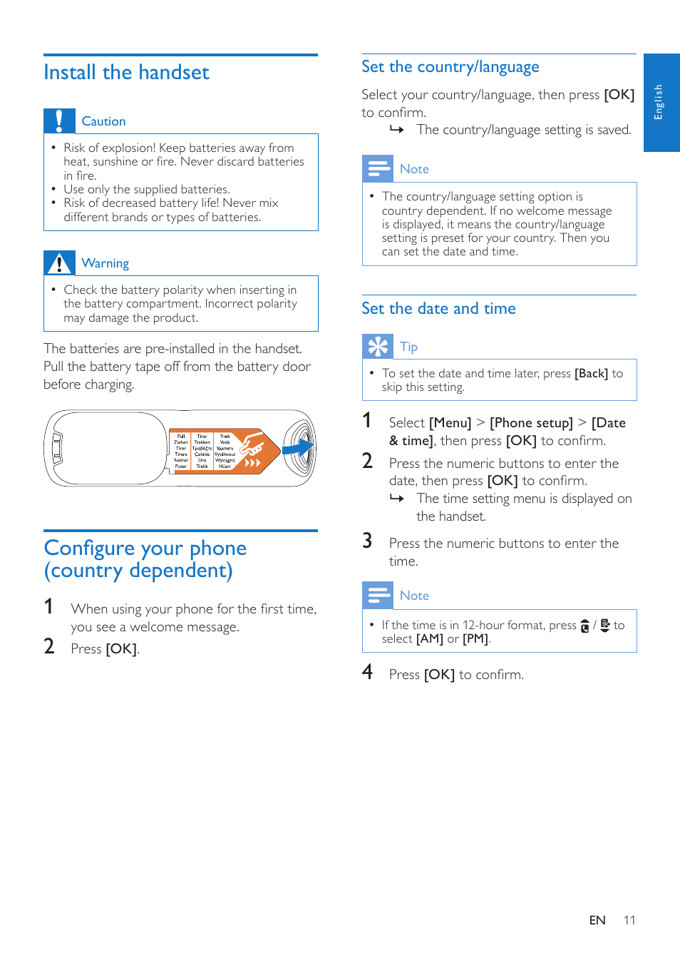 Install the handset, Configure your phone (country dependent), Set the country/language | Set the date and time, Configure your phone (country, Dependent), Configure your phone (country dependent) 1 | Philips CD285 User Manual | Page 11 / 40