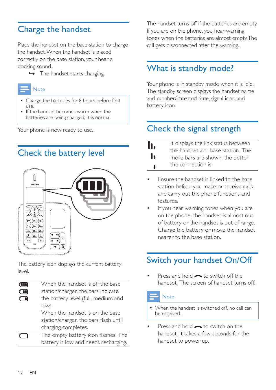 Charge the handset, Check the battery level, What is standby mode | Check the signal strength, Switch your handset on/off | Philips CD285 User Manual | Page 12 / 40