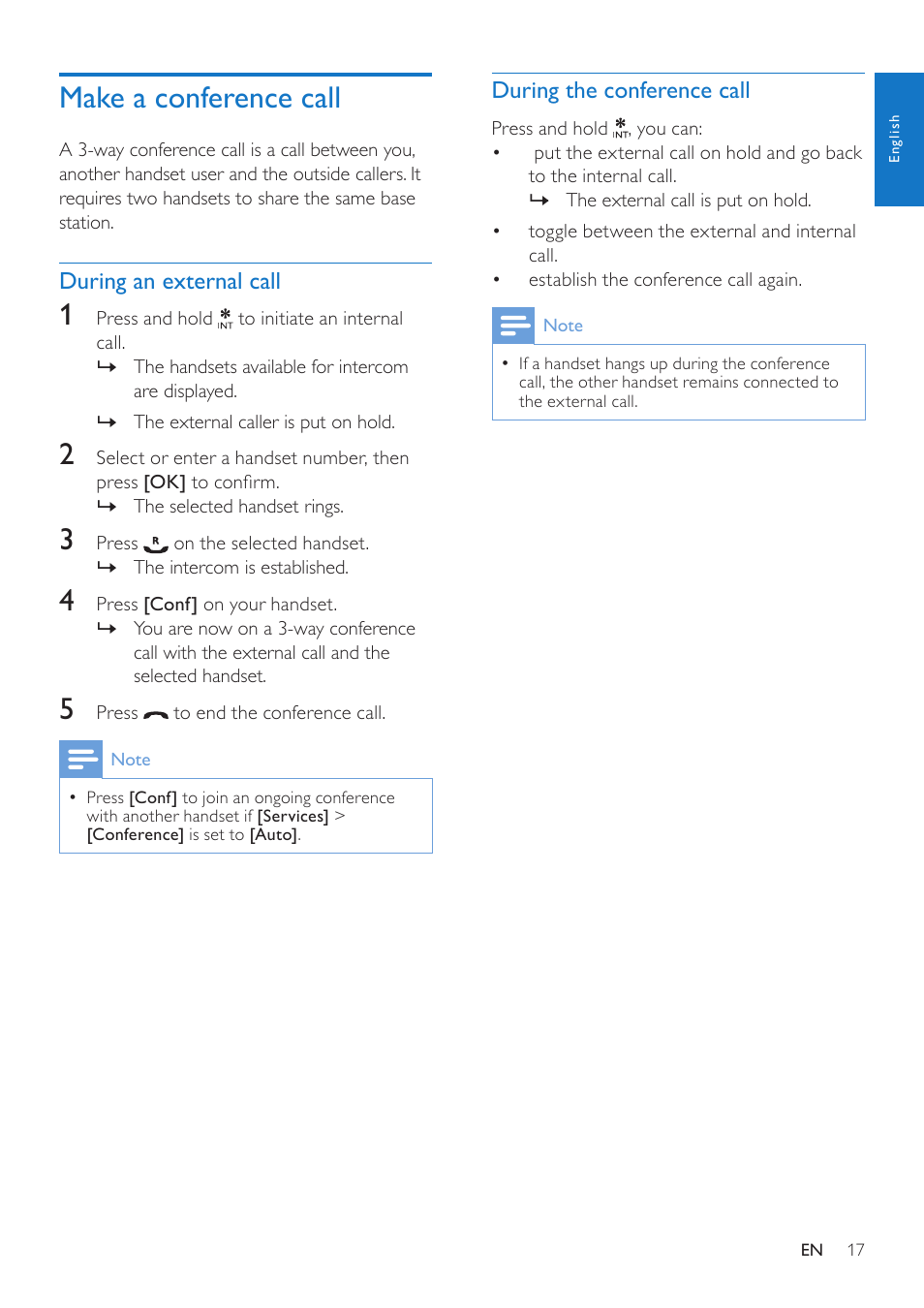 Make a conference call, During an external call, During the conference call | Philips CD285 User Manual | Page 17 / 40