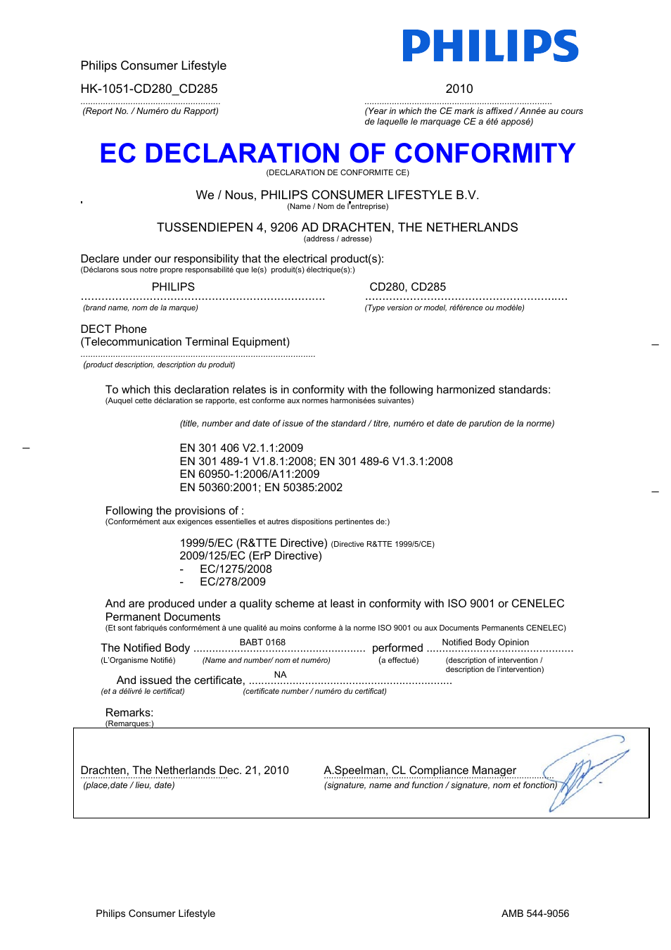 Ec declaration of conformity | Philips CD285 User Manual | Page 2 / 40
