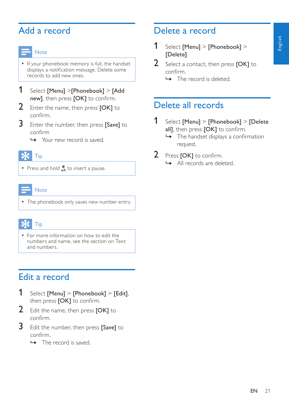 Add a record, Edit a record, Delete a record | Delete all records, Edit a record 1, Delete a record 1, Delete all records 1 | Philips CD285 User Manual | Page 21 / 40