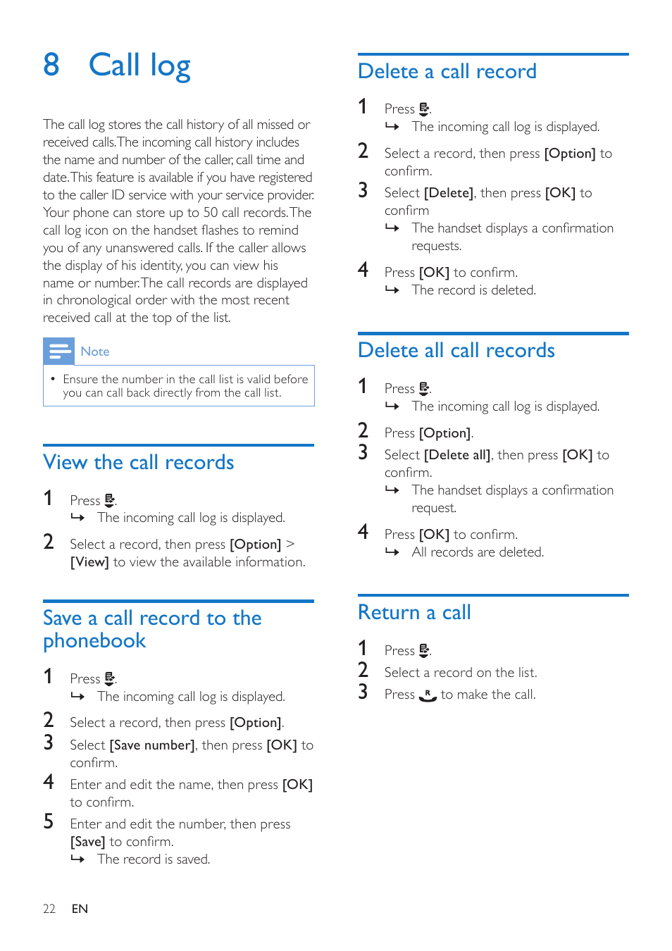 8 call log, View the call records, Save a call record to the phonebook | Delete a call record, Delete all call records, Return a call, Save a call record to the phonebook 22, View the call records 1, Save a call record to the phonebook 1, Delete a call record 1 | Philips CD285 User Manual | Page 22 / 40