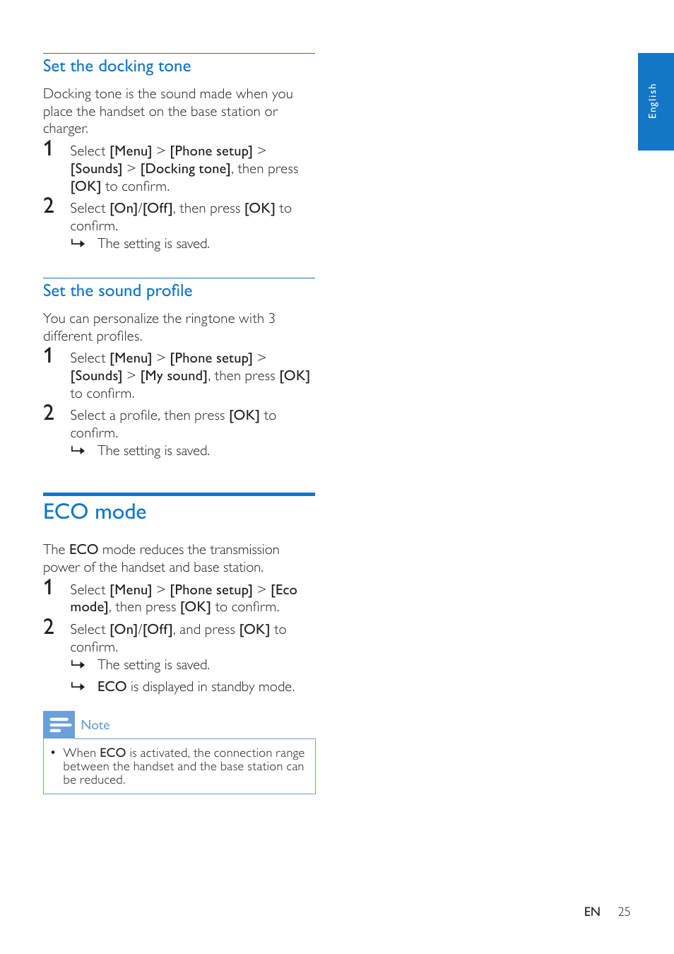 Set the docking tone, Set the sound profile, Eco mode | Philips CD285 User Manual | Page 25 / 40