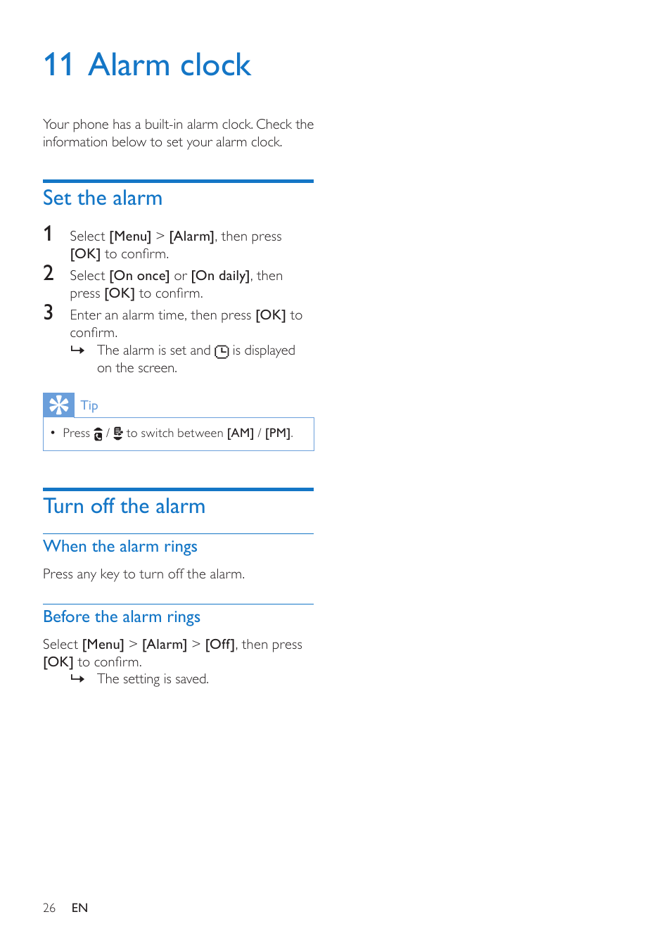 11 alarm clock, Set the alarm, Turn off the alarm | When the alarm rings, Before the alarm rings, Set the alarm 1 | Philips CD285 User Manual | Page 26 / 40