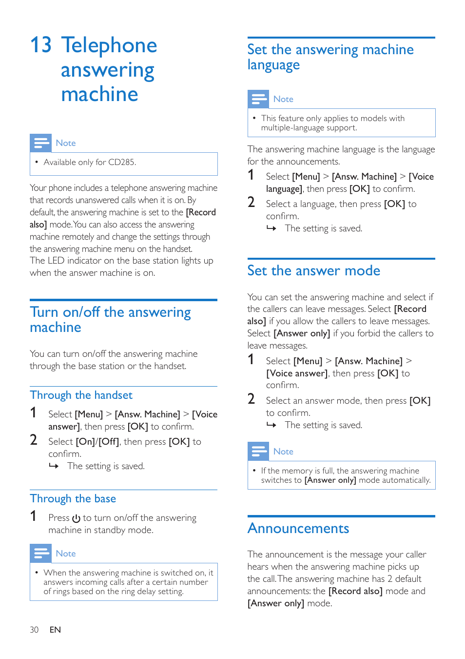 13 telephone answering machine, Turn on/off the answering machine, Through the handset | Through the base, Set the answering machine language, Set the answer mode, Announcements, Set the answering machine language 30 | Philips CD285 User Manual | Page 30 / 40