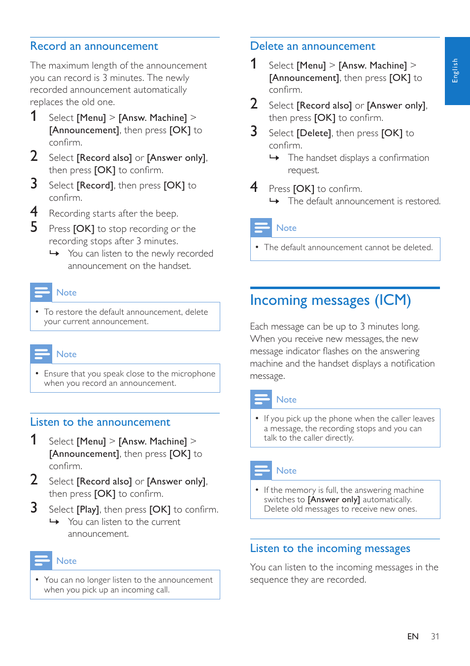 Record an announcement, Listen to the announcement, Delete an announcement | Incoming messages (icm), Listen to the incoming messages | Philips CD285 User Manual | Page 31 / 40