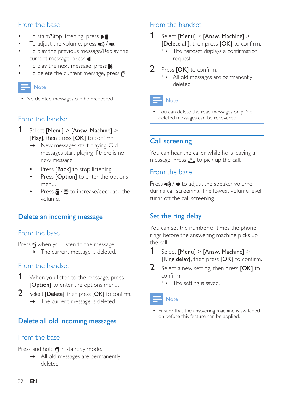 Delete an incoming message, Delete all old incoming messages, Call screening | Set the ring delay | Philips CD285 User Manual | Page 32 / 40