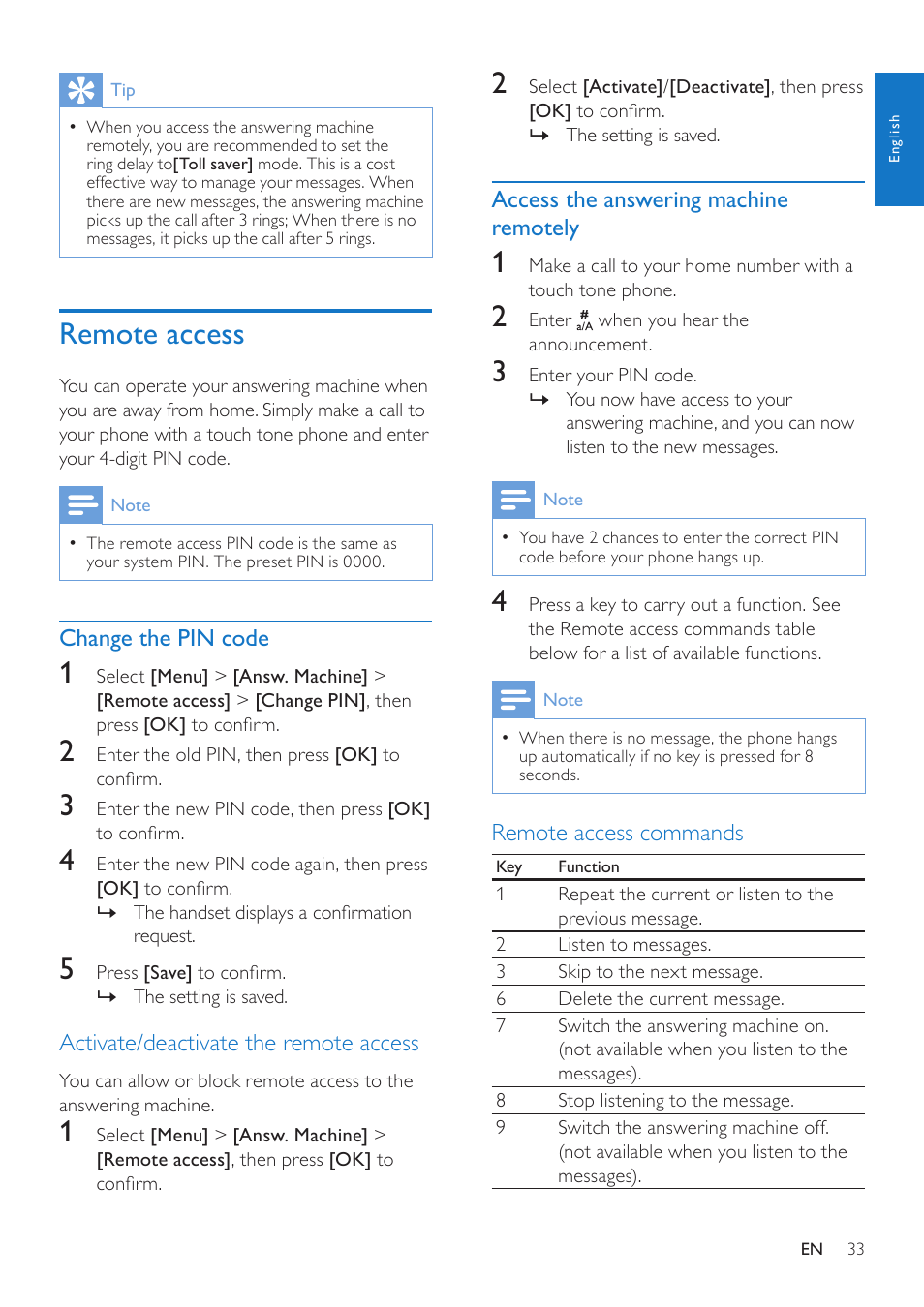 Remote access, Change the pin code, Access the answering machine remotely | Philips CD285 User Manual | Page 33 / 40