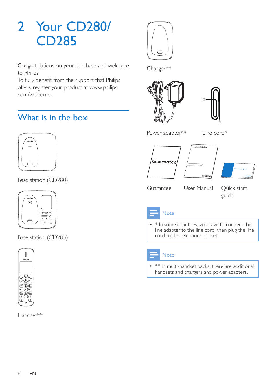 2 your cd280/cd285, What is in the box | Philips CD285 User Manual | Page 6 / 40