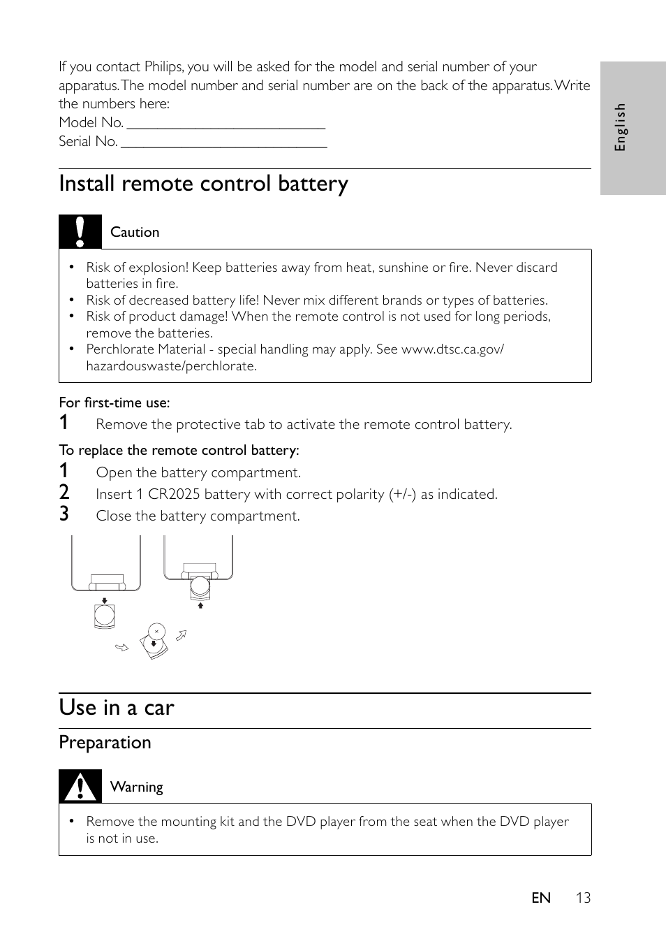 Install remote control battery, Use in a car, Preparation | Philips PET7432 User Manual | Page 12 / 22