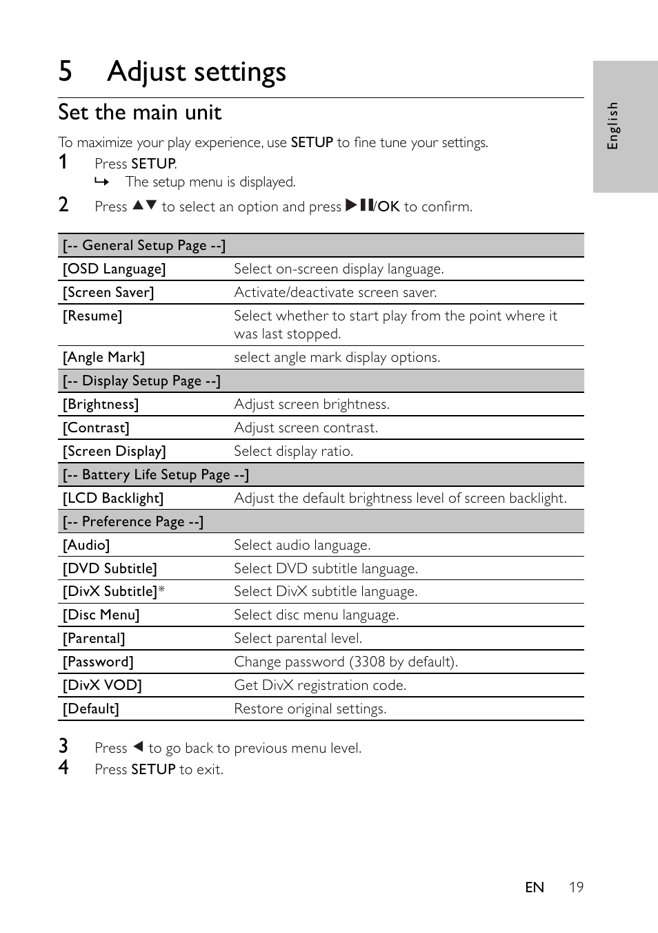 5 adjust settings, Set the main unit | Philips PET7432 User Manual | Page 18 / 22