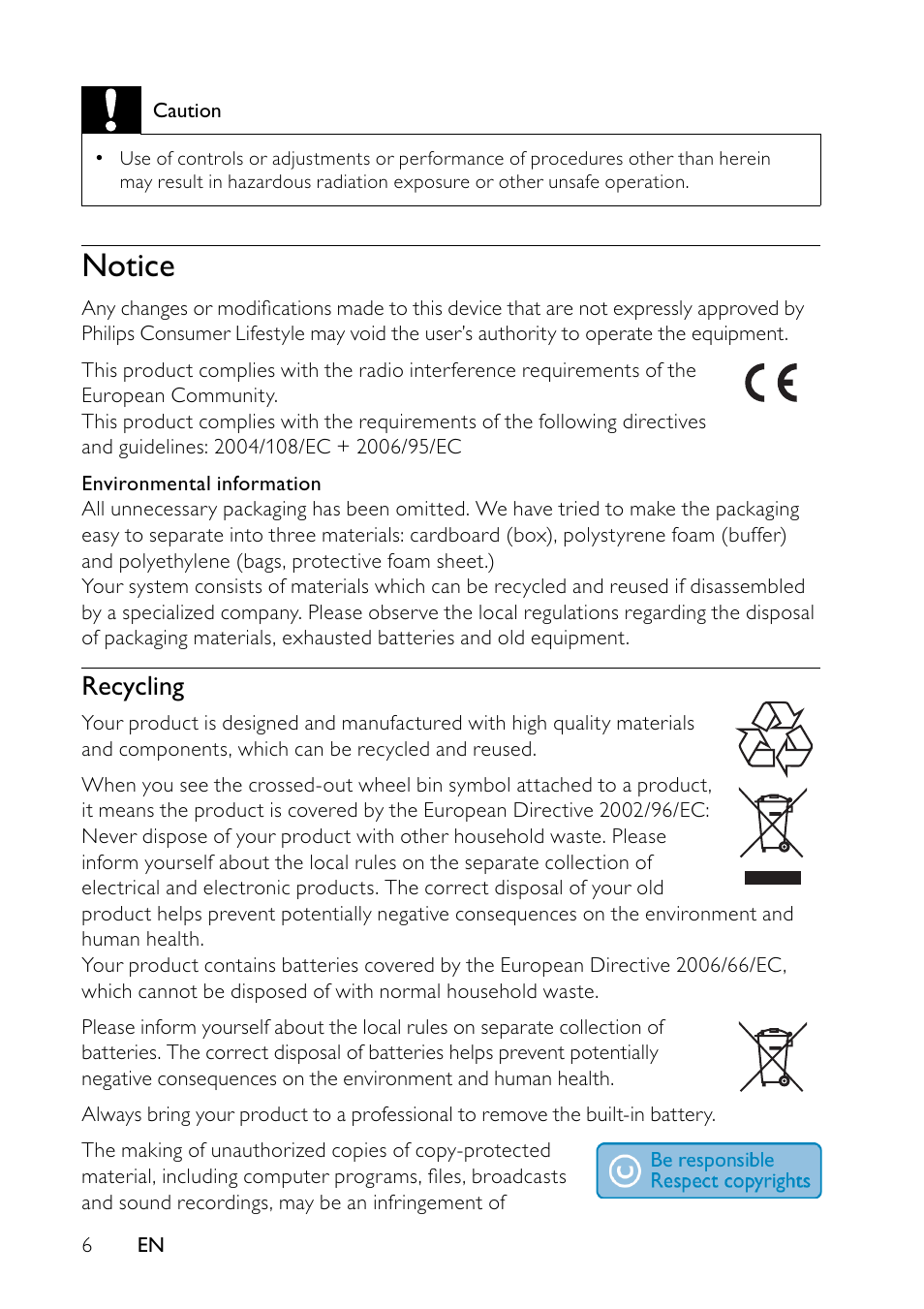 Notice, Recycling | Philips PET7432 User Manual | Page 5 / 22