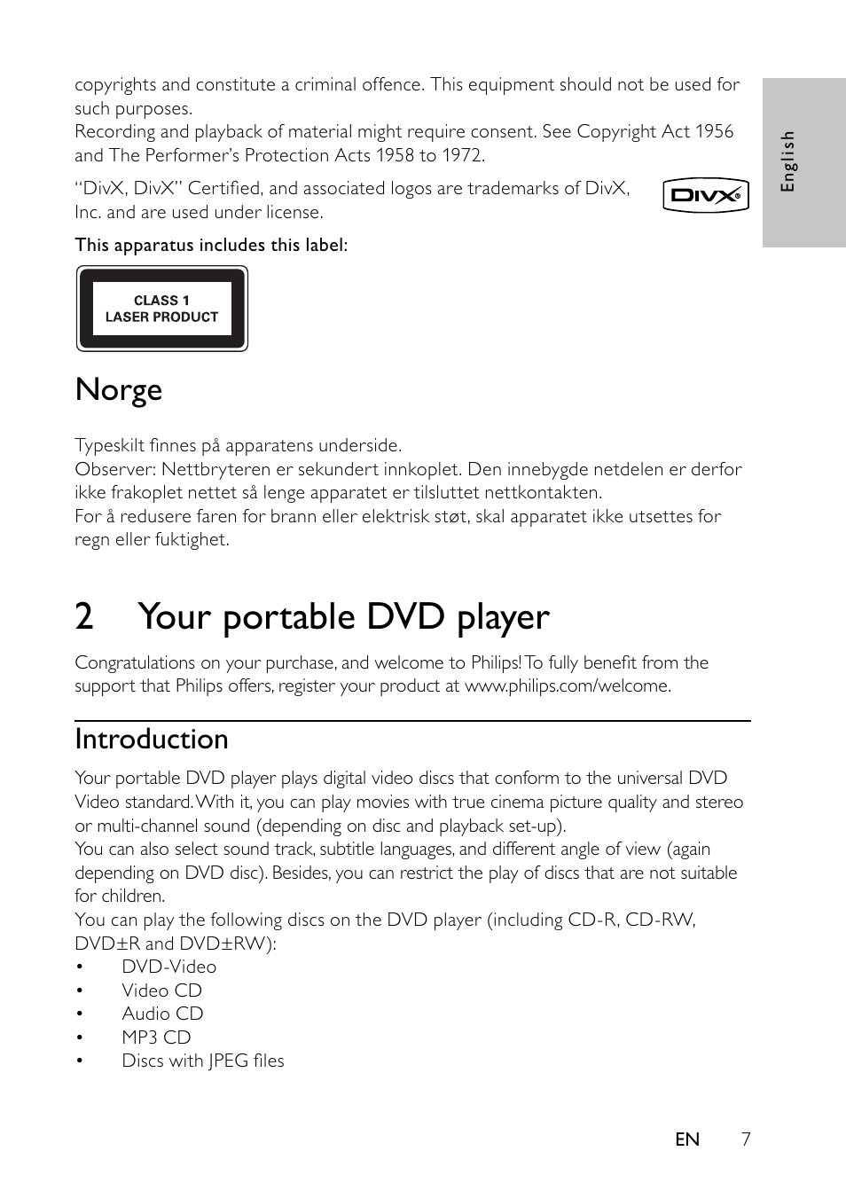 2 your portable dvd player, Norge, Introduction | Philips PET7432 User Manual | Page 6 / 22