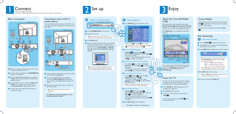 Connect, Set up, Enjoy | About the time shift buffer (tsb), Instant replay, Pause ‘live’ tv, Basic connection, Connection with a vcr or similar device, Start recording, Finding the viewing channel | Philips DVDR3440H/05B User Manual | Page 2 / 2