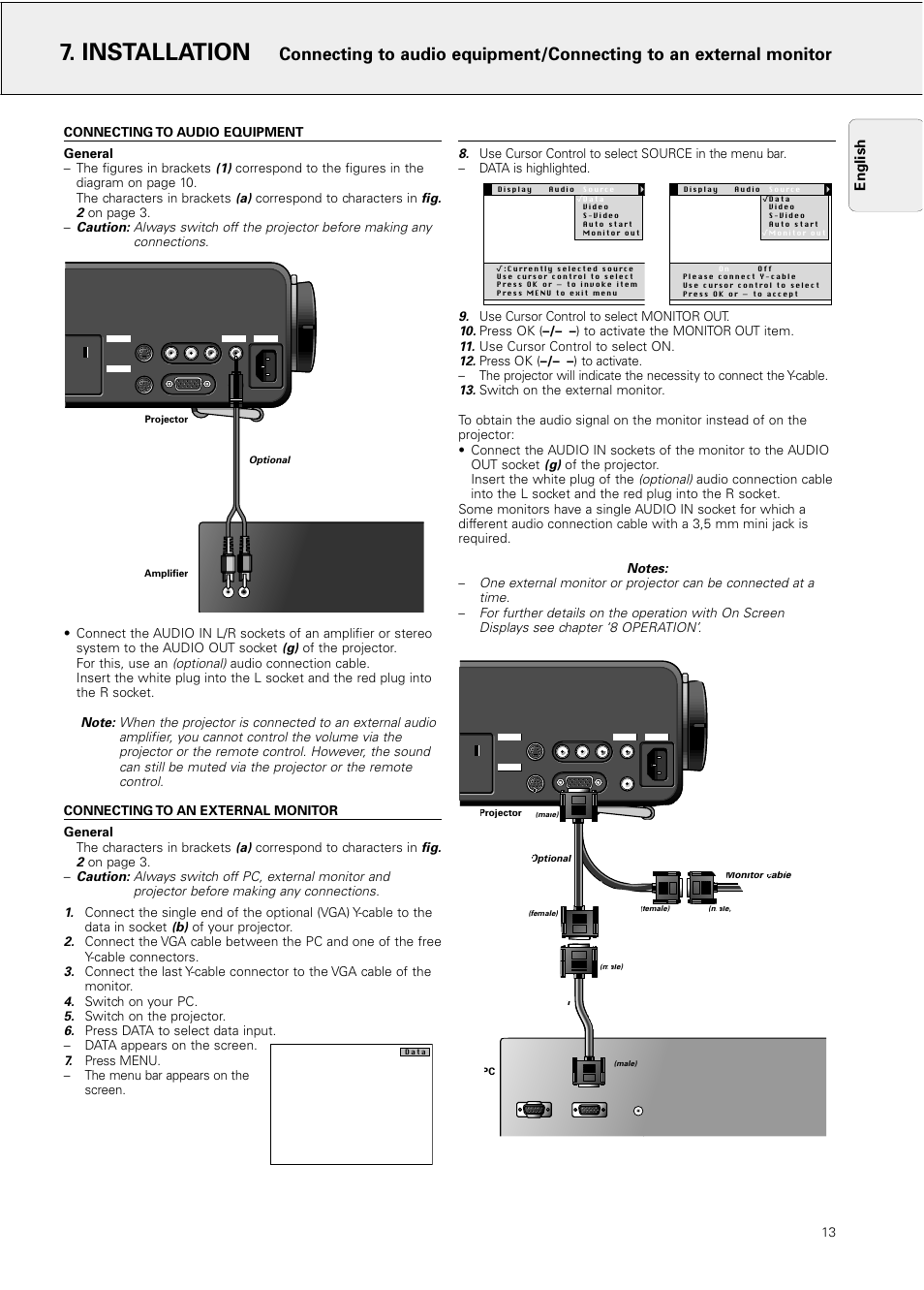 Connecting to audio equipment, Connecting to an external monitor, Installation | English, Fig. 2, Optional), Correspond to characters in, On page 3, Of the projector. for this, use an, Of your projector | Philips Hopper 20 series User Manual | Page 13 / 22