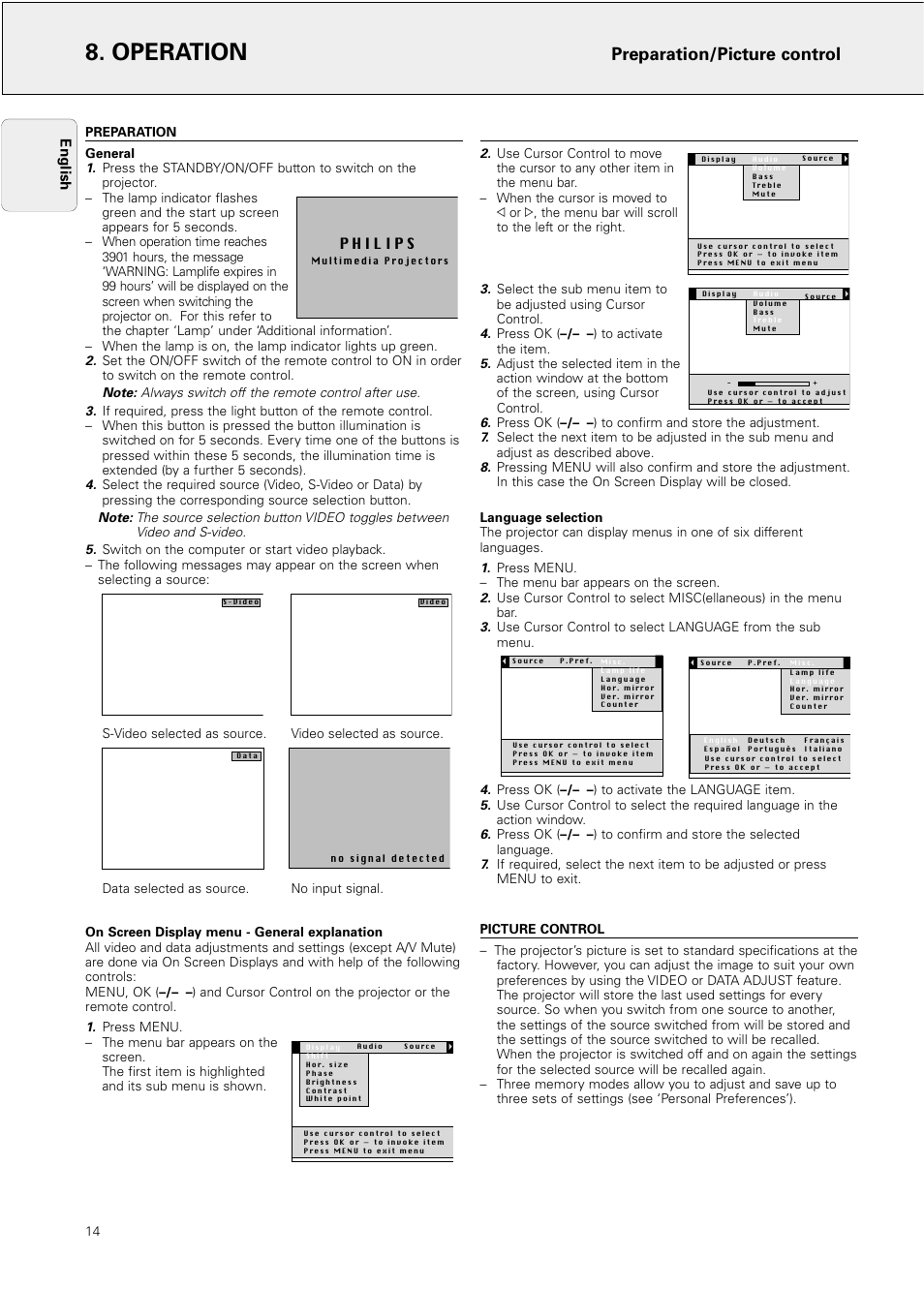 Operation, Preparation, Picture control | Preparation/picture control, English | Philips Hopper 20 series User Manual | Page 14 / 22