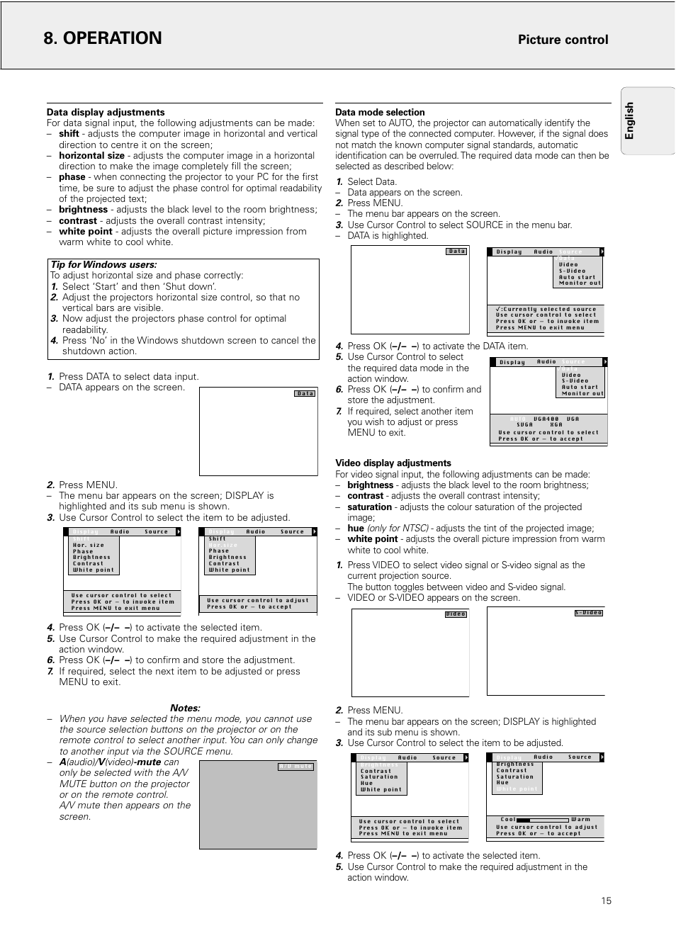 Operation, Picture control, English | Philips Hopper 20 series User Manual | Page 15 / 22