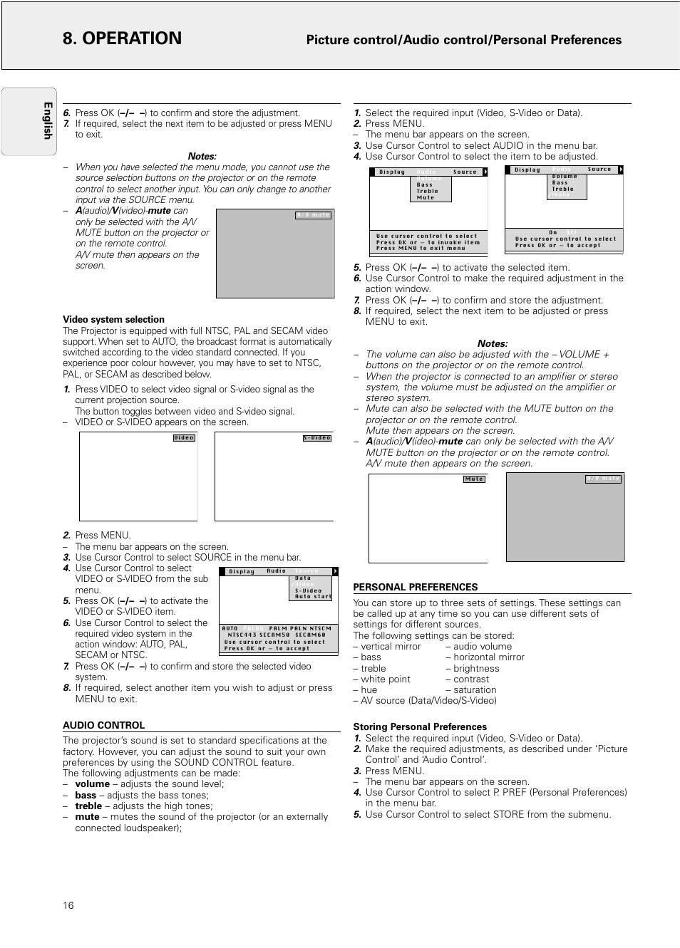 Audio control, Personal preferences, Operation | Picture control/audio control/personal preferences | Philips Hopper 20 series User Manual | Page 16 / 22