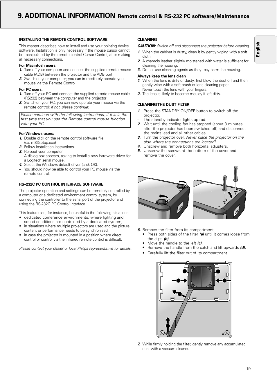 Additional information, Installing the remote control software, Rs-232c pc control interface software | Cleaning, Cleaning the dust filter, Remote control & rs-232 pc software/maintenance | Philips Hopper 20 series User Manual | Page 19 / 22
