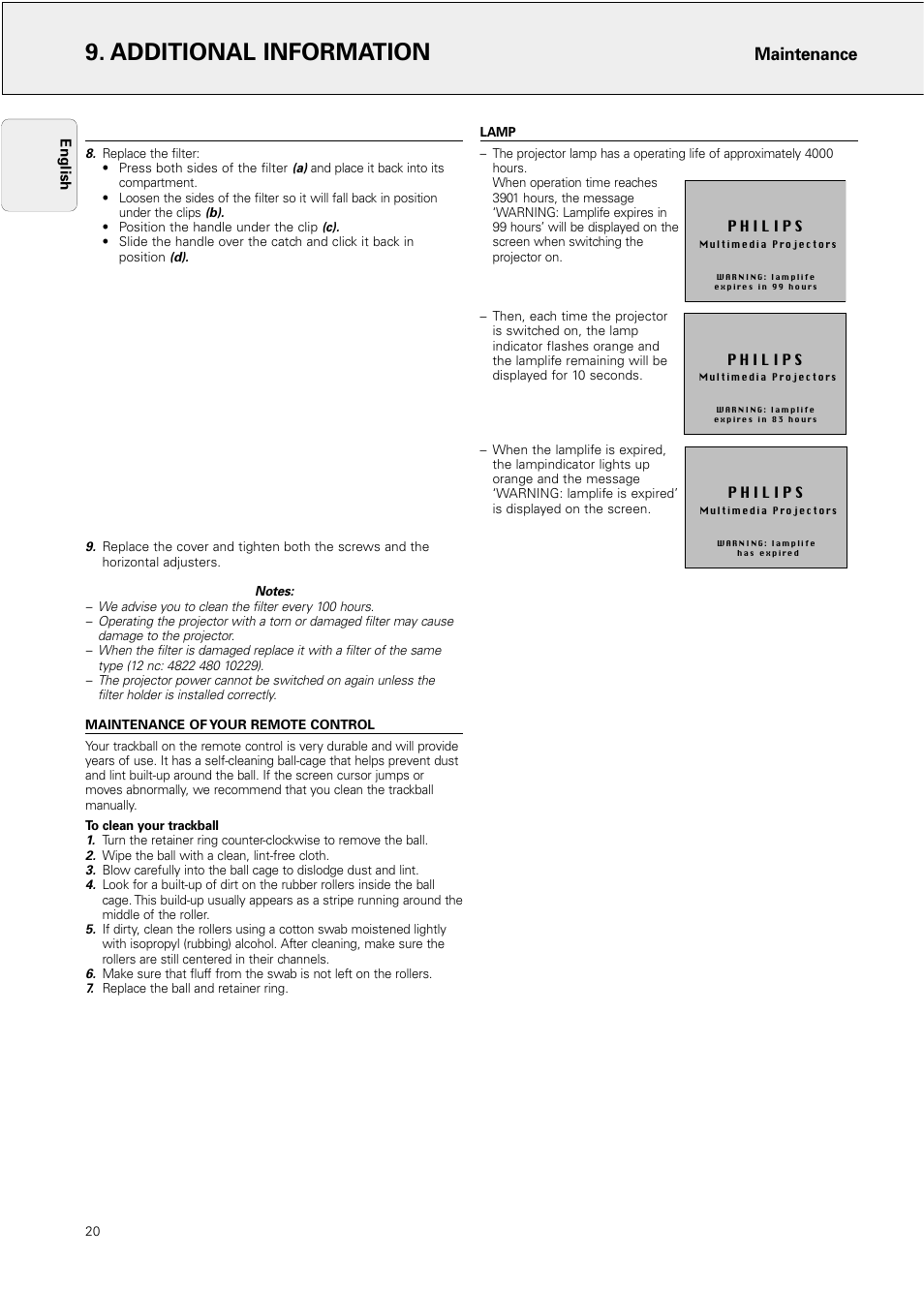 Maintenance of your remote control, Lamp, Additional information | Maintenance | Philips Hopper 20 series User Manual | Page 20 / 22