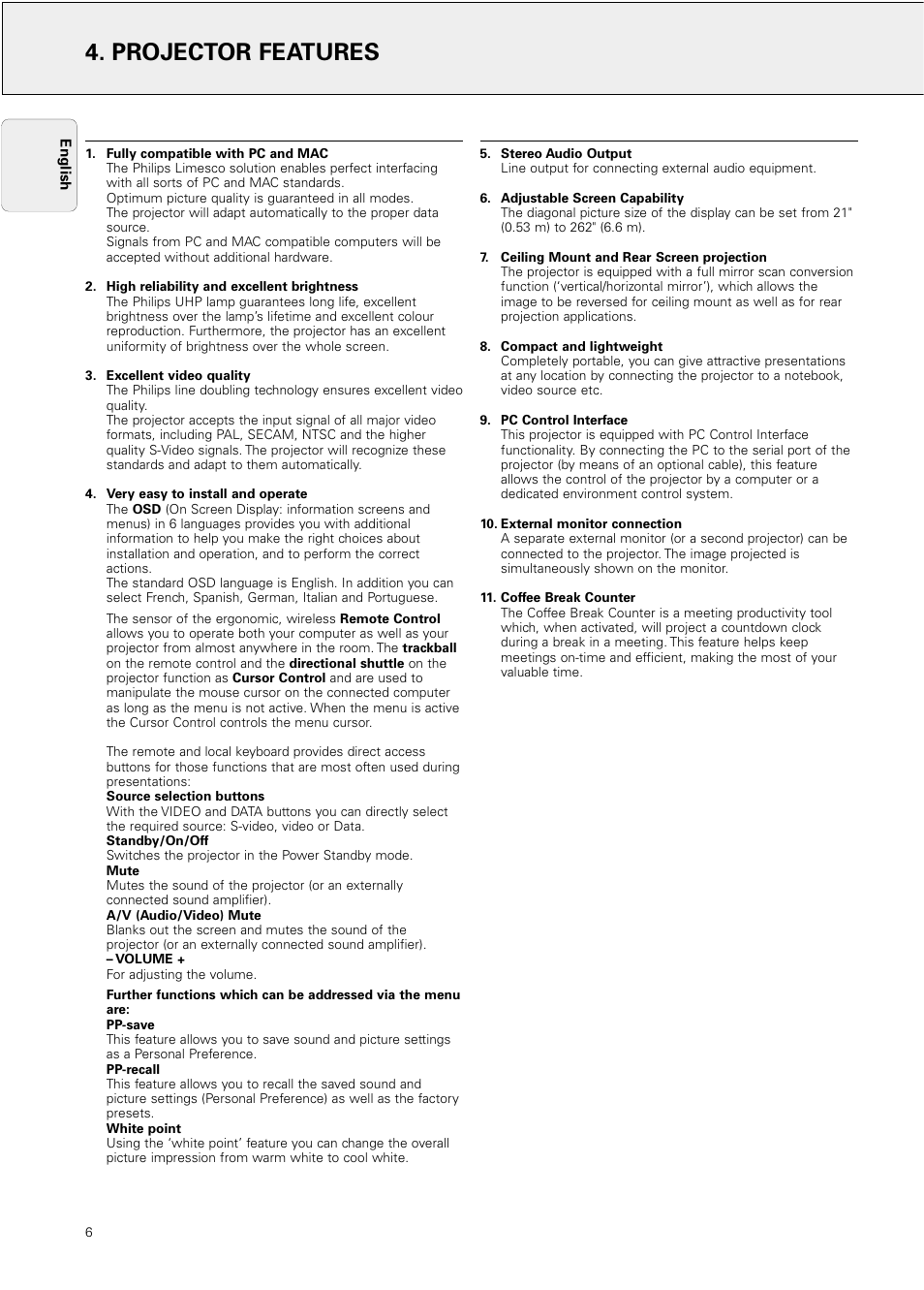 Projector features | Philips Hopper 20 series User Manual | Page 6 / 22