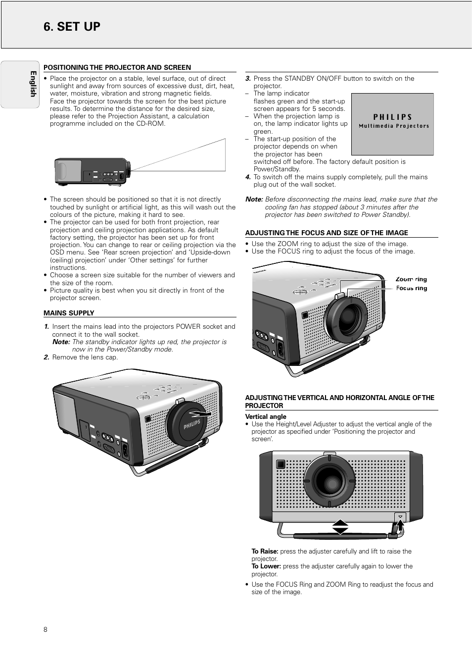 Set up, Positioning the projector and screen, Mains supply | Adjusting the focus and size of the image, English, Remove the lens cap, Focus ring zoom ring | Philips Hopper 20 series User Manual | Page 8 / 22