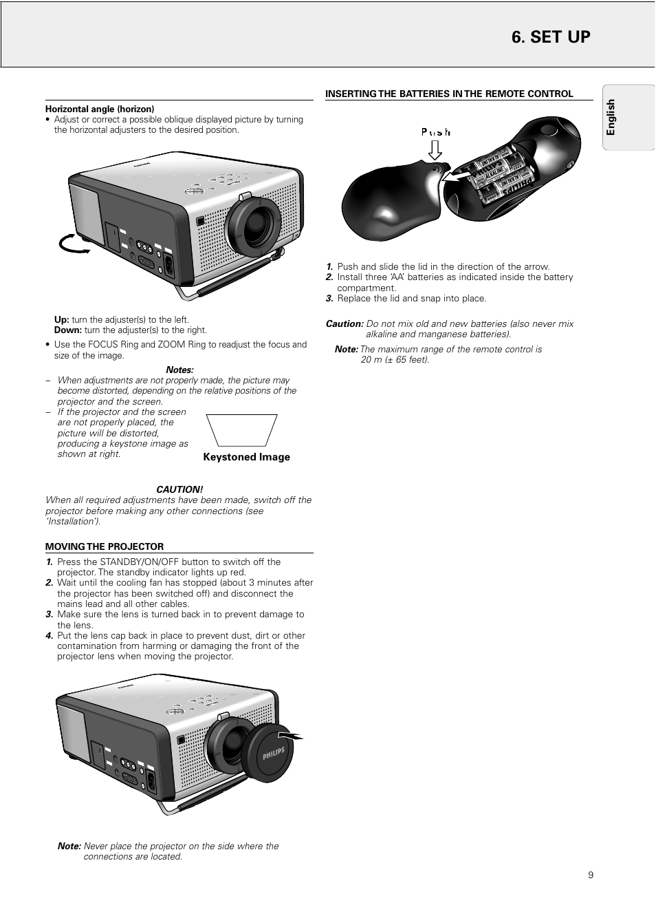 Moving the projector, Inserting the batteries in the remote control, Set up | P u s h, Keystoned image, English, On/off, Replace the lid and snap into place | Philips Hopper 20 series User Manual | Page 9 / 22